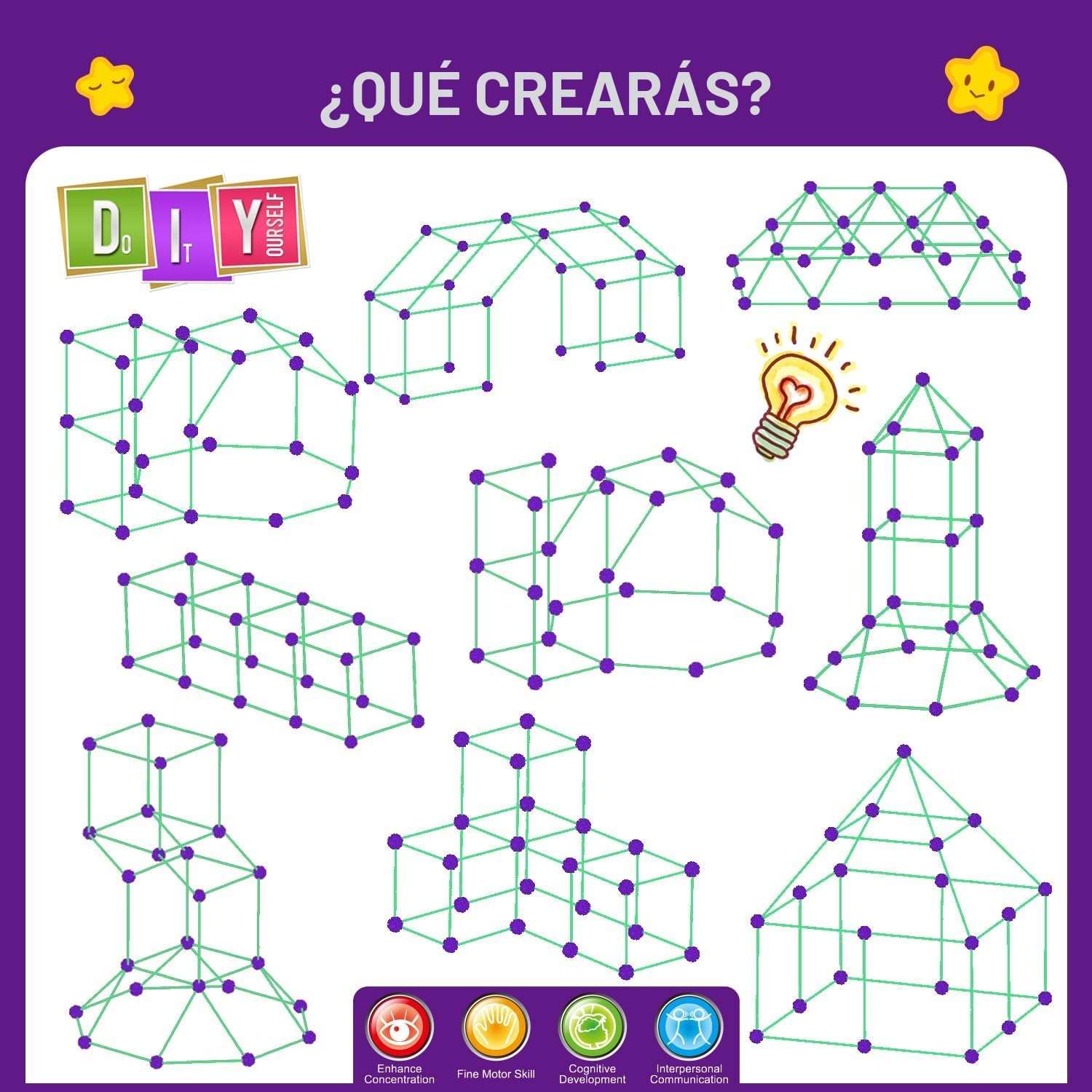kit de construcción de fuertes que brillan en la oscuridad con varillas para niños