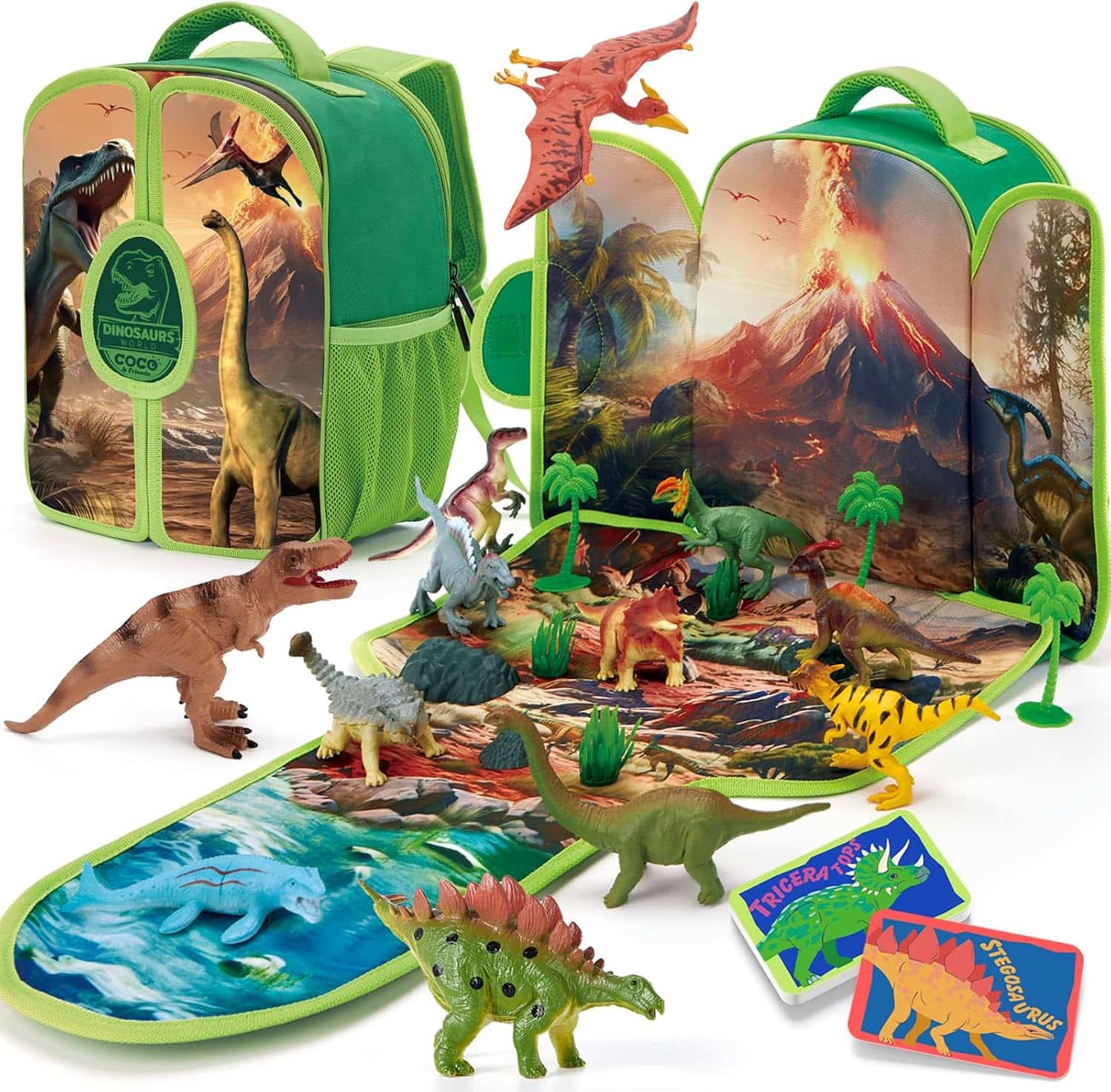 mochila de dinosaurios de juguete con tapete 3D y figuras para niños