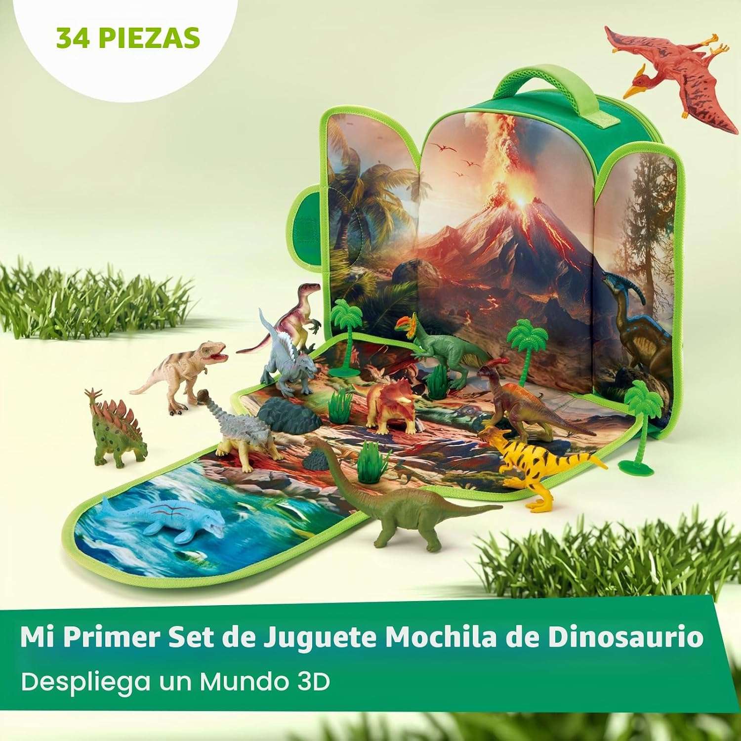 mochila de dinosaurios de juguete con tapete 3D y figuras para niños