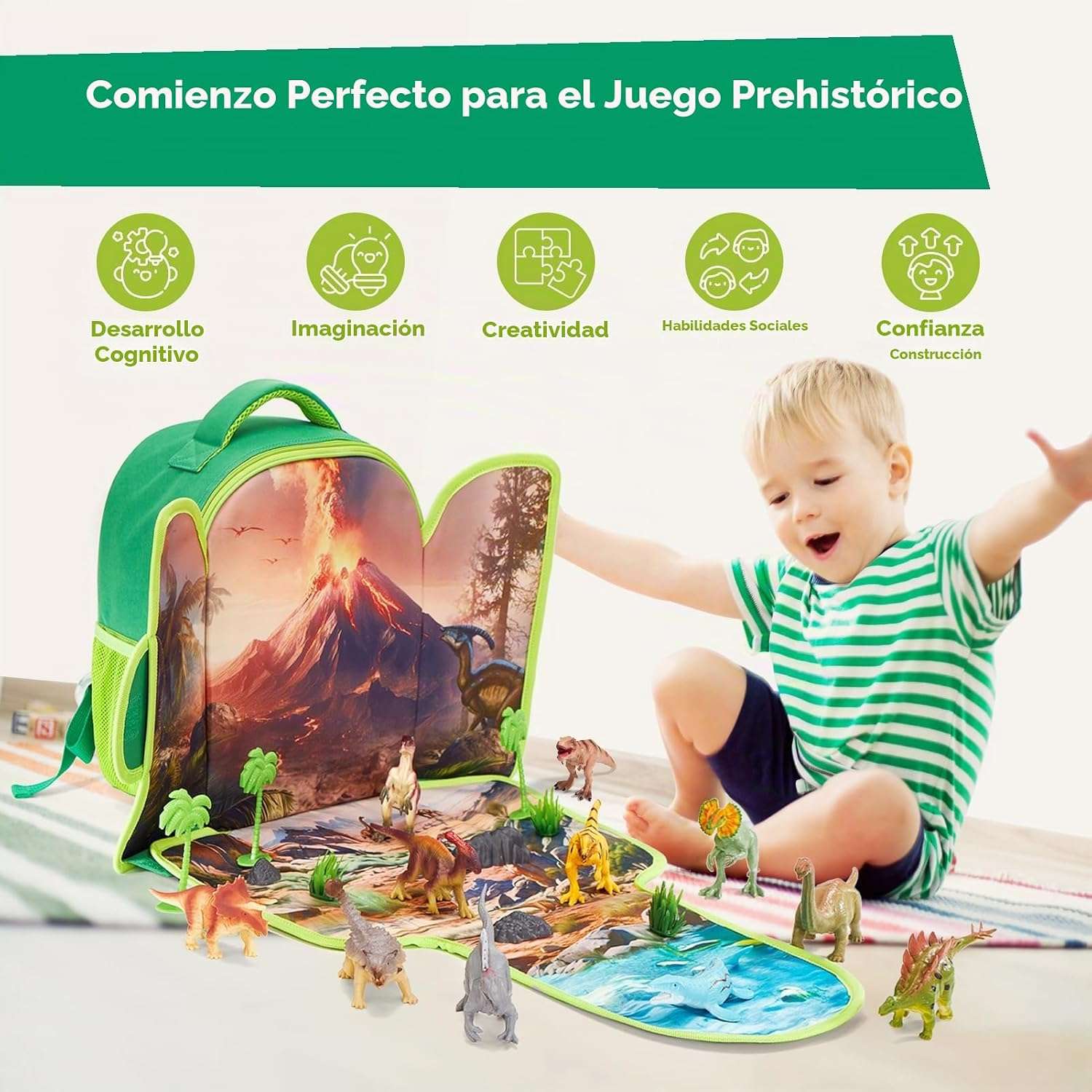 mochila de dinosaurios de juguete con tapete 3D y figuras para niños