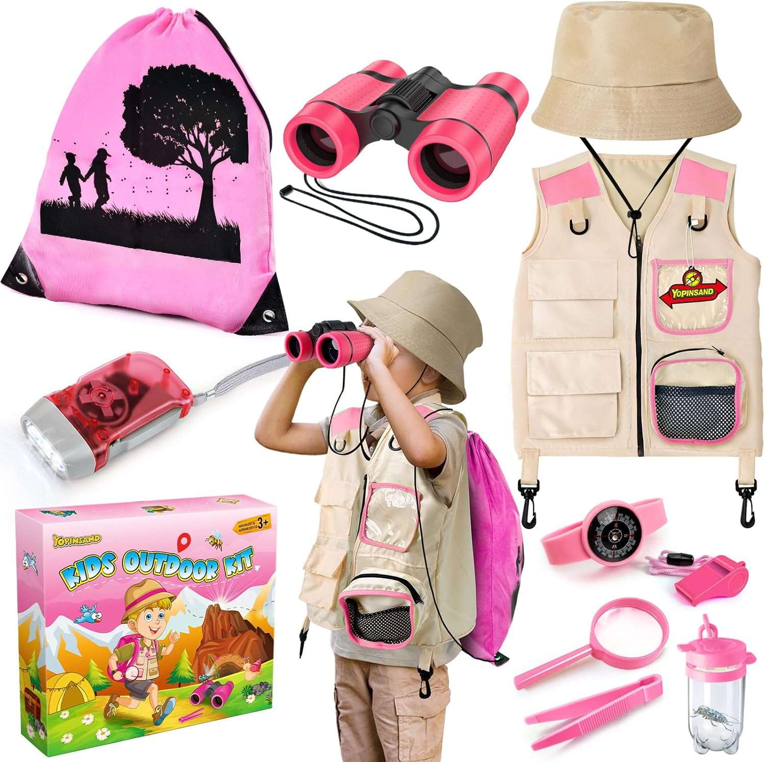 kit de explorador para niños con chaleco, sombrero, binoculares y accesorios