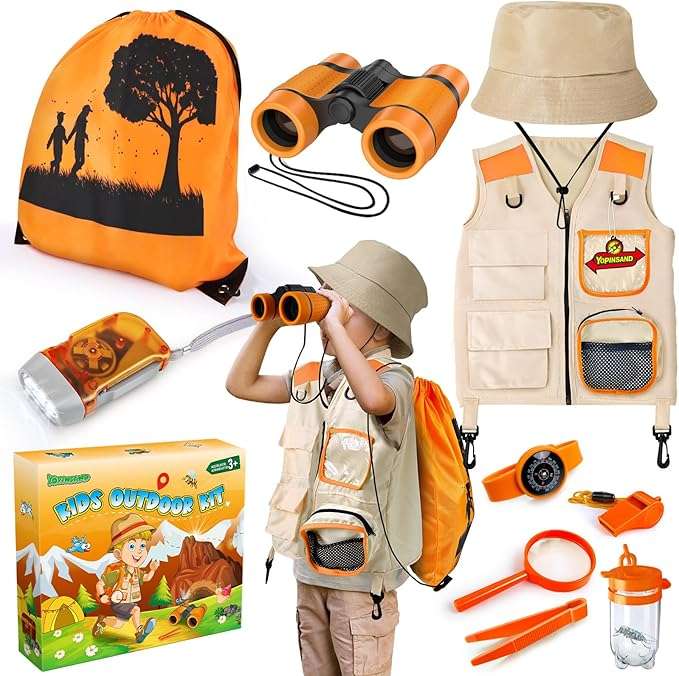 kit de explorador para niños con chaleco, sombrero, binoculares y accesorios