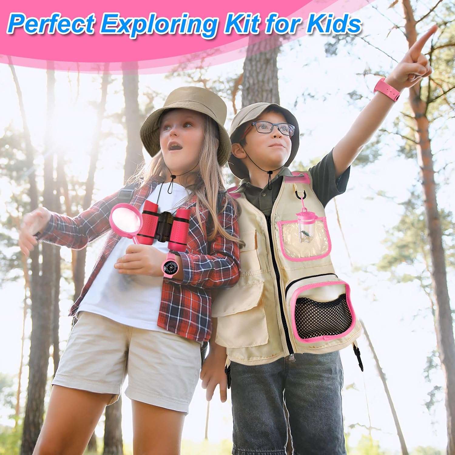 kit de explorador para niños con chaleco, sombrero, binoculares y accesorios