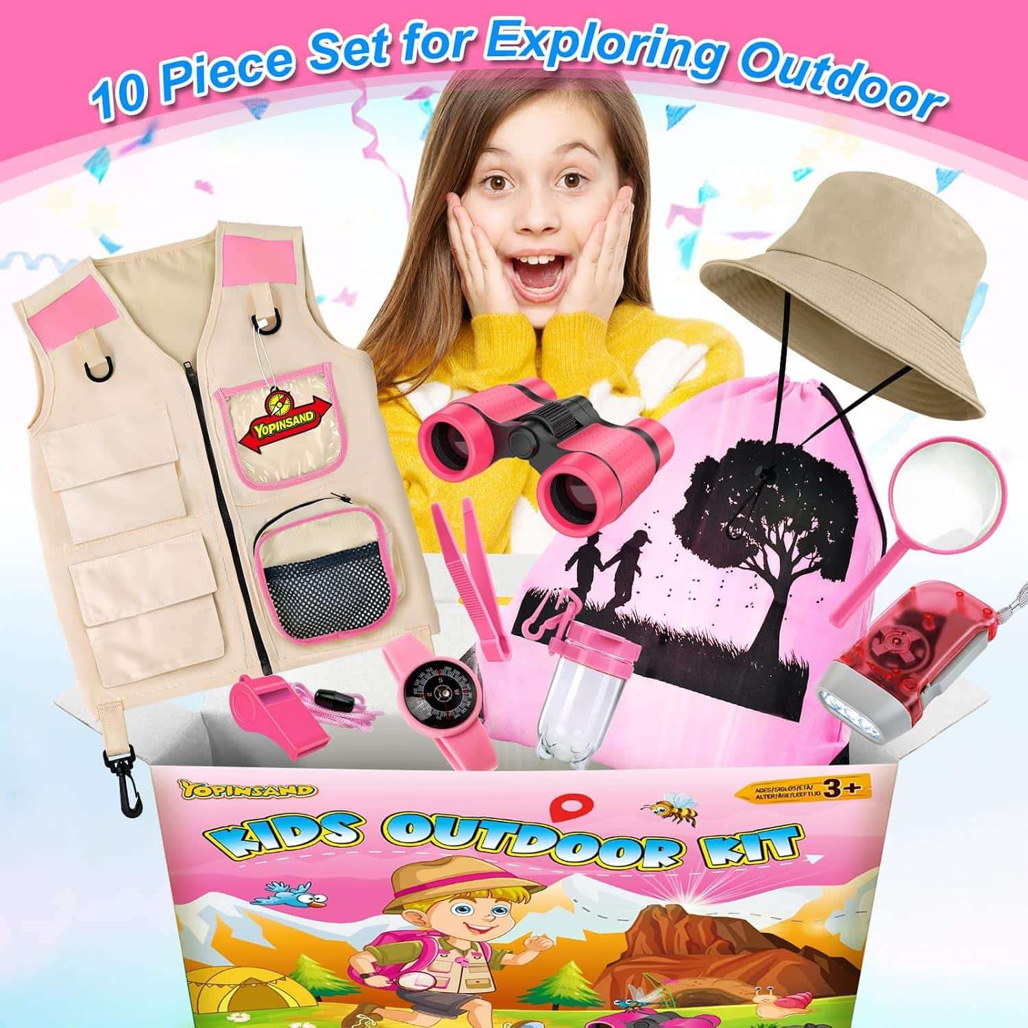 kit de explorador para niños con chaleco, sombrero, binoculares y accesorios