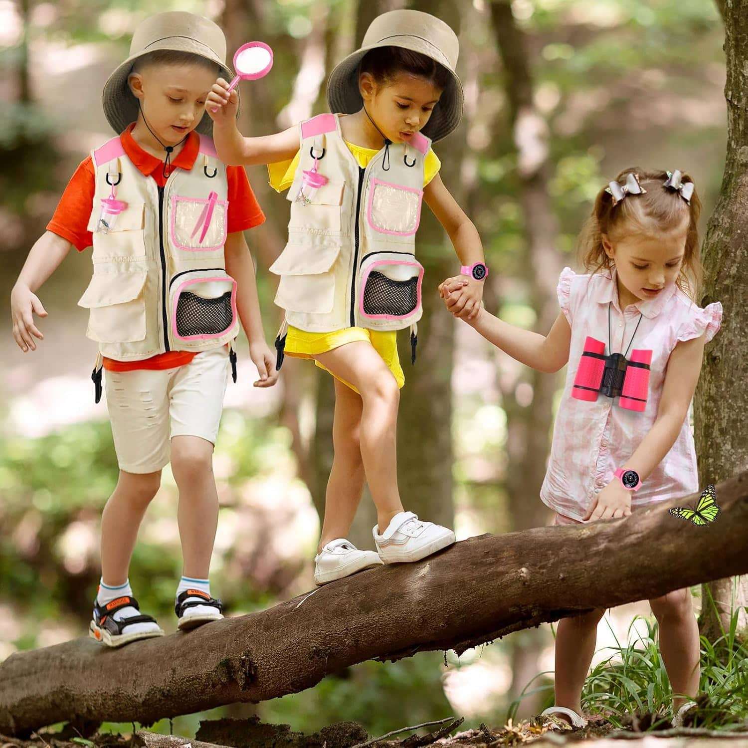 kit de explorador para niños con chaleco, sombrero, binoculares y accesorios