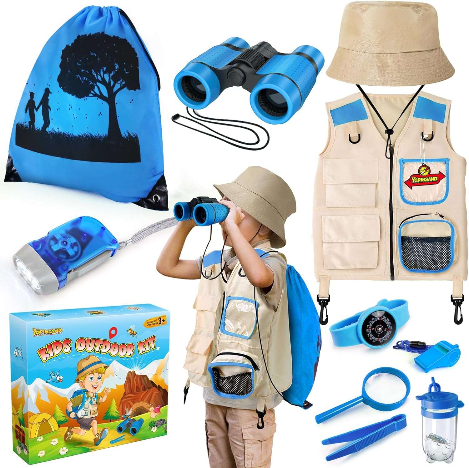 kit de explorador para niños con chaleco, sombrero, binoculares y accesorios