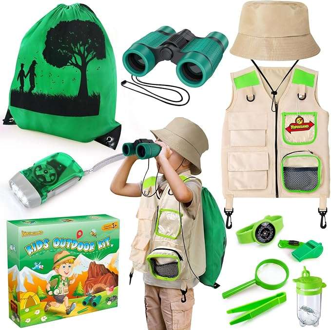 kit de explorador para niños con chaleco, sombrero, binoculares y accesorios
