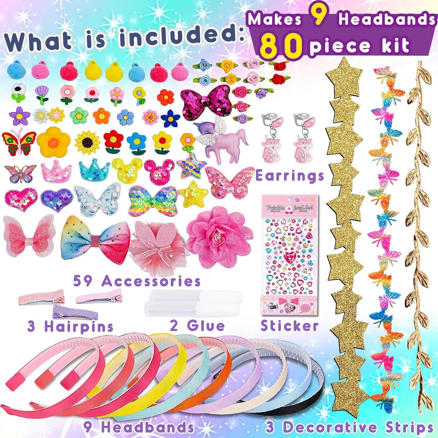 kit de fabricación de diademas y accesorios para el cabello con decoraciones brillantes para niñas