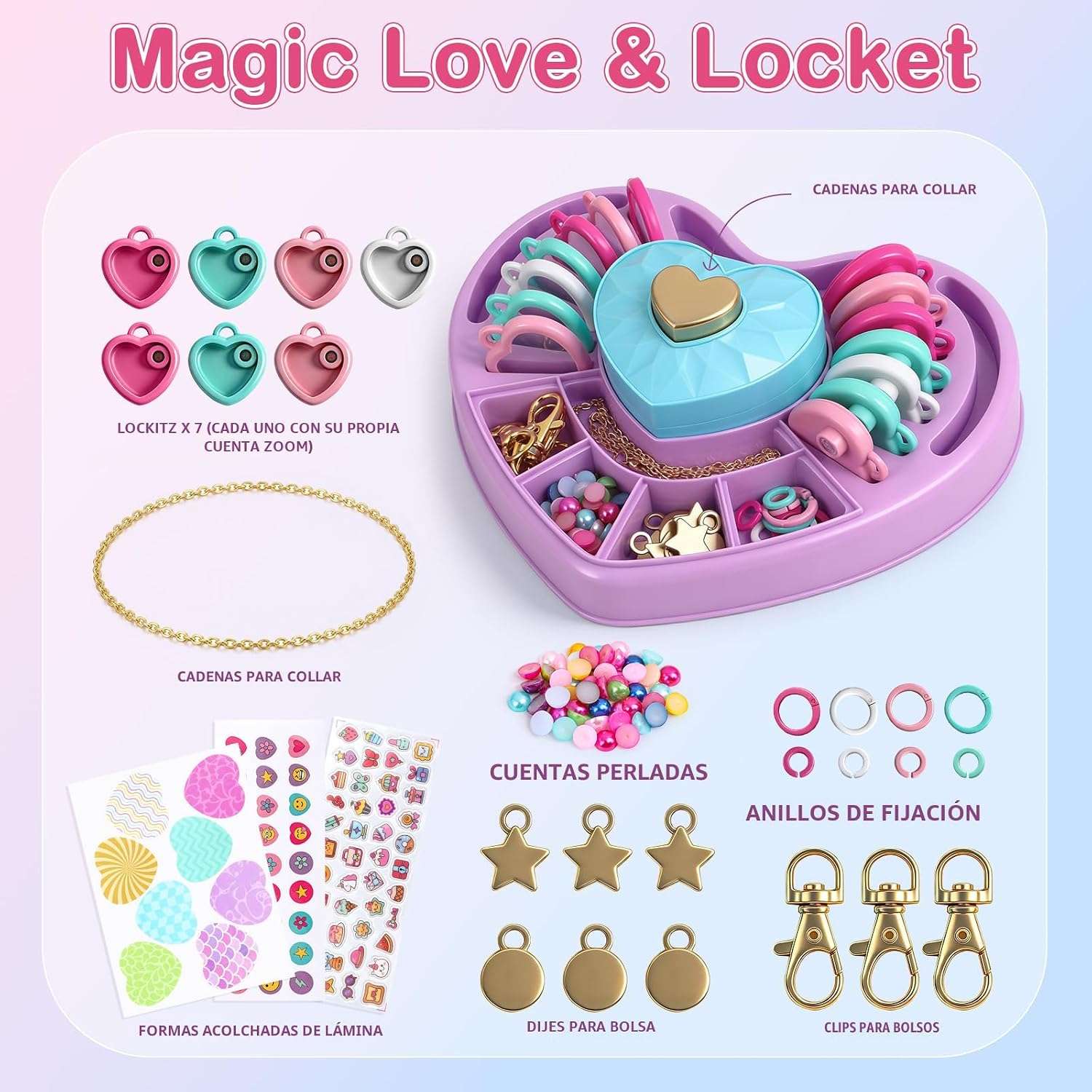 kit de fabricación de llaveros y collares DIY con medallones, cuentas y bandeja