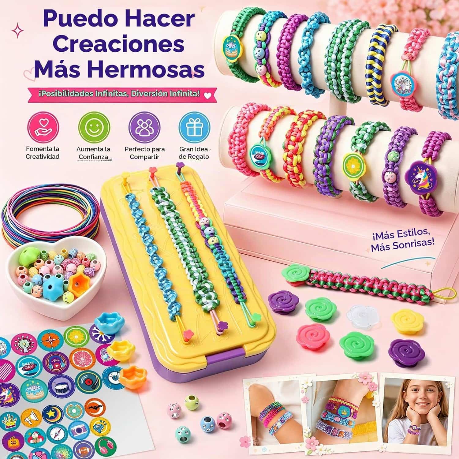 kit de fabricación de pulseras de la amistad con cuentas y calcomanías de moda para niñas