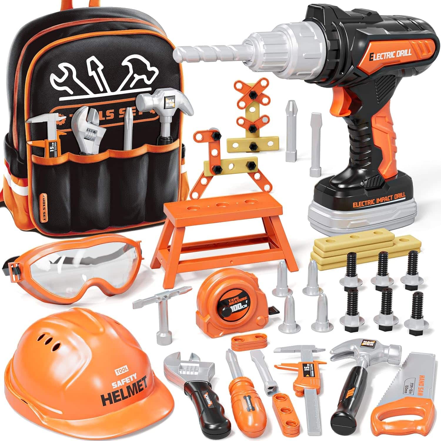 mochila de herramientas de juguete con taladro electrónico, casco y accesorios para niños