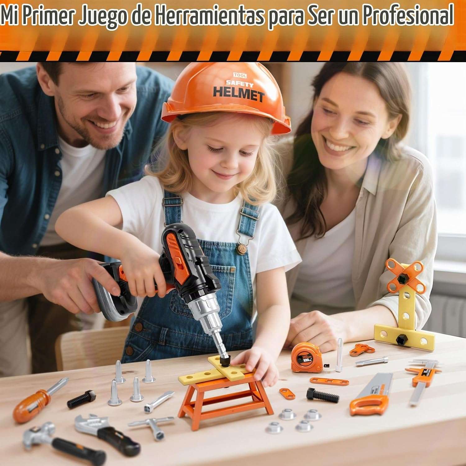 mochila de herramientas de juguete con taladro electrónico, casco y accesorios para niños
