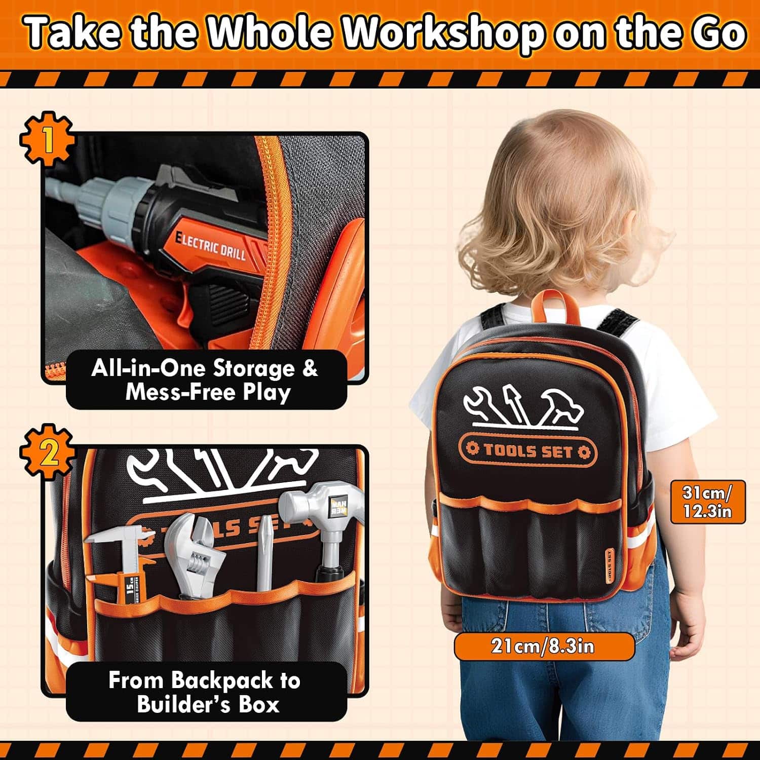 mochila de herramientas de juguete con taladro electrónico, casco y accesorios para niños