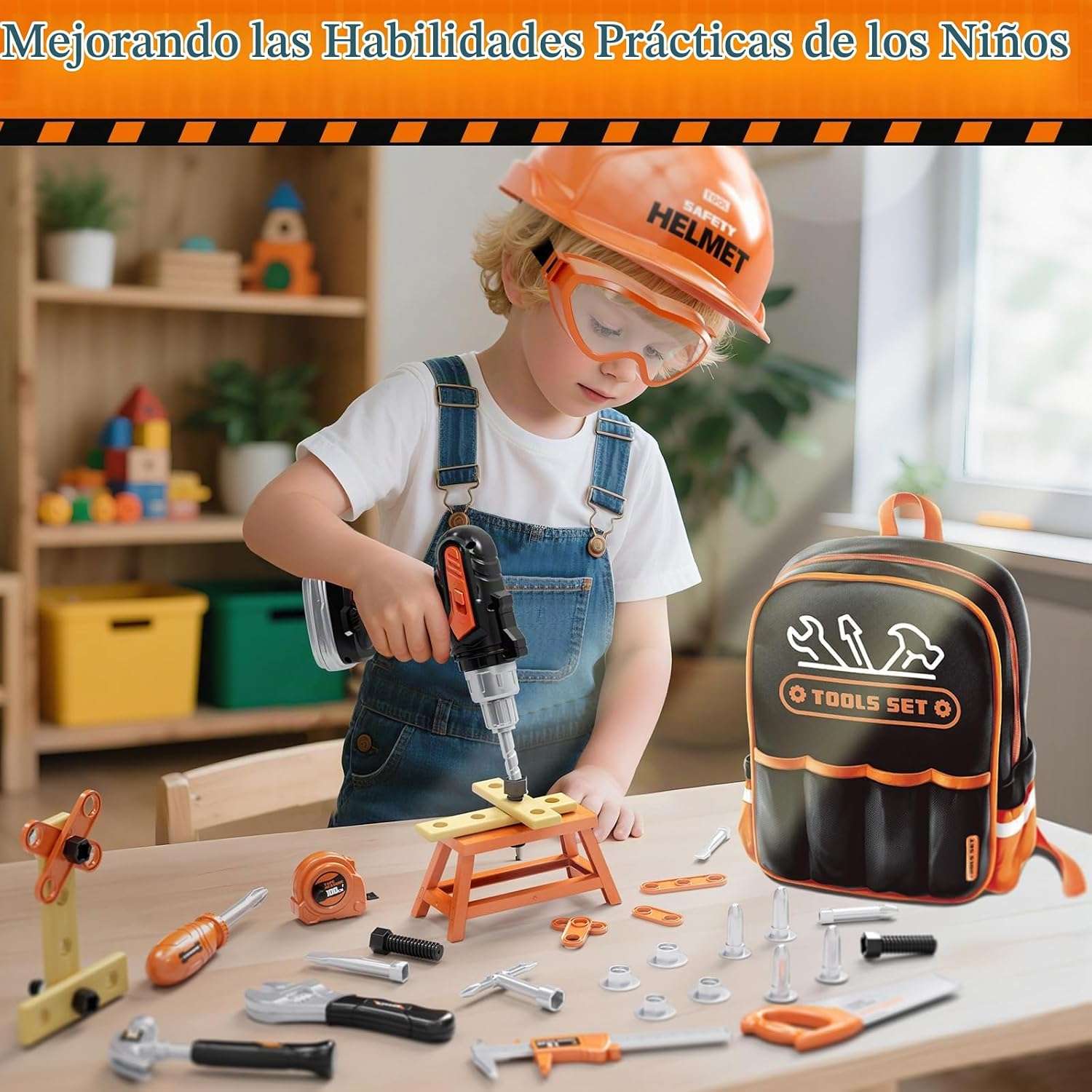 mochila de herramientas de juguete con taladro electrónico, casco y accesorios para niñosmochila de herramientas de juguete con taladro electrónico, casco y accesorios para niños
