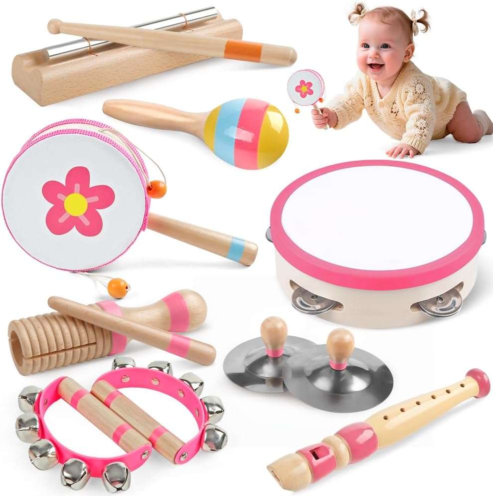 set de instrumentos musicales de madera rosa estilo Montessori para niñas y bebés