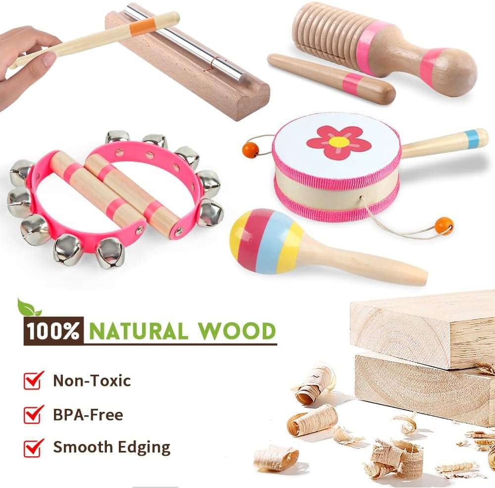 set de instrumentos musicales de madera rosa estilo Montessori para niñas y bebés