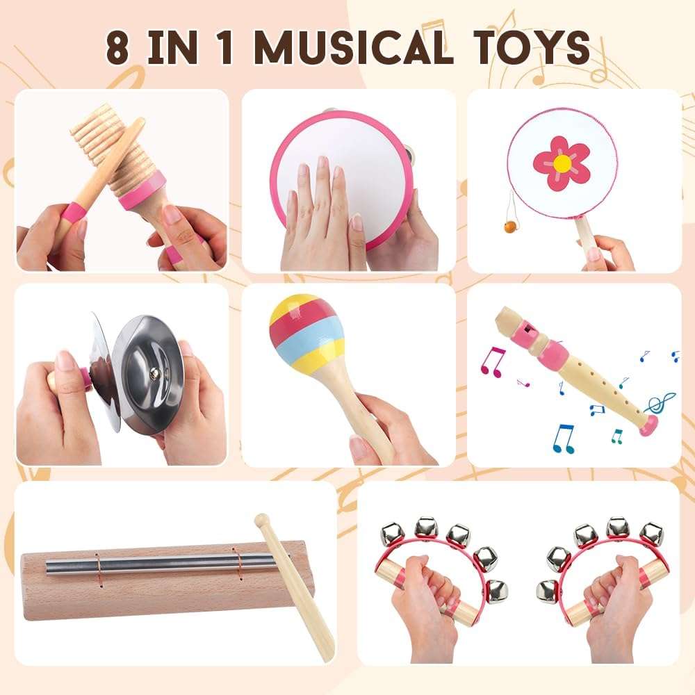 set de instrumentos musicales de madera rosa estilo Montessori para niñas y bebés
