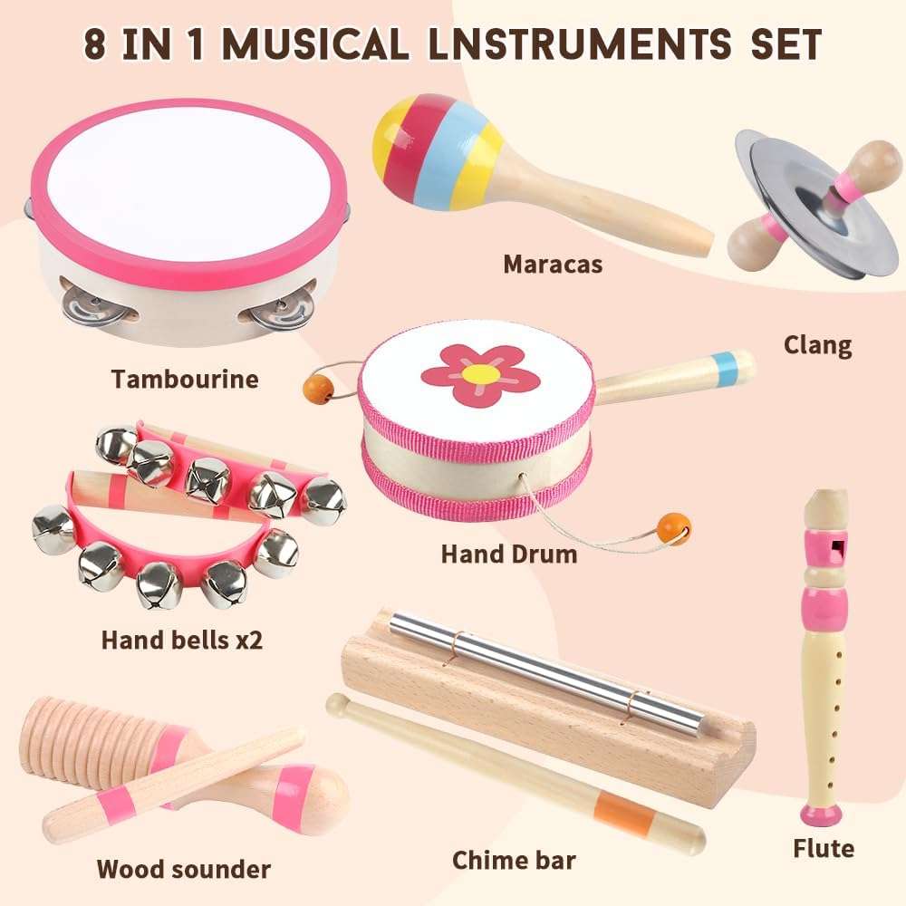 set de instrumentos musicales de madera rosa estilo Montessori para niñas y bebés