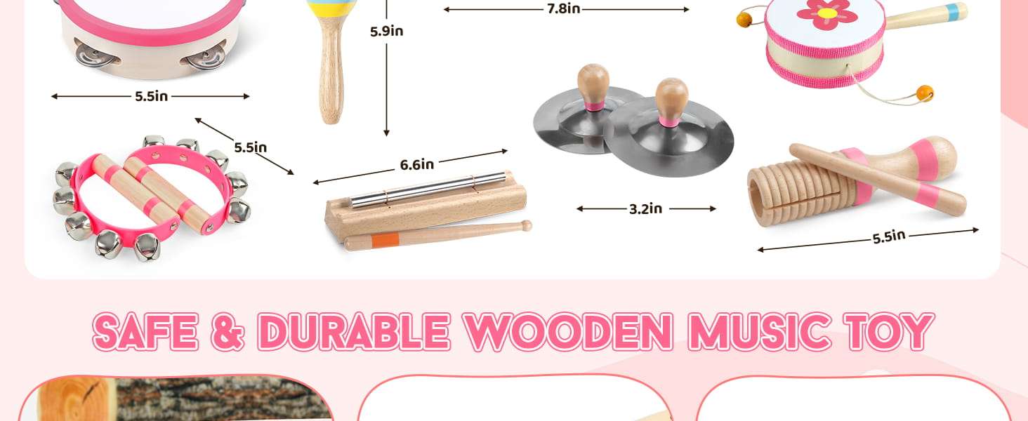 set de instrumentos musicales de madera rosa estilo Montessori para niñas y bebés