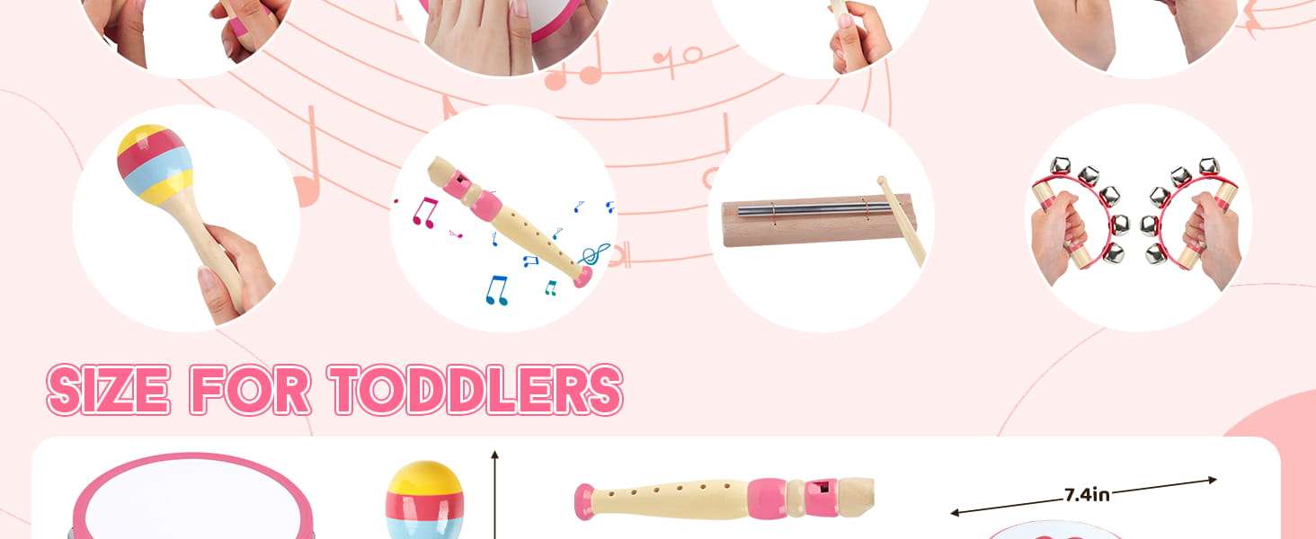 set de instrumentos musicales de madera rosa estilo Montessori para niñas y bebés