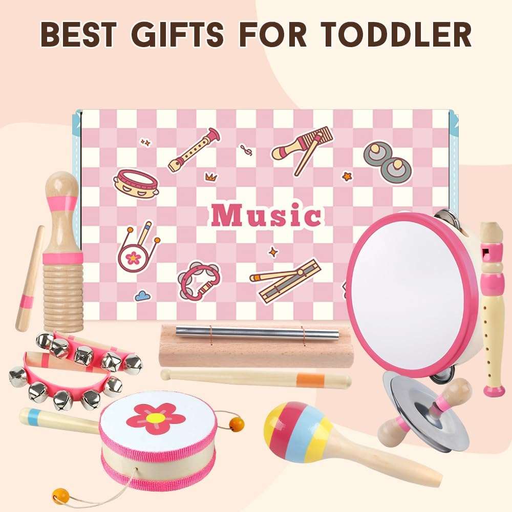 set de instrumentos musicales de madera rosa estilo Montessori para niñas y bebés
