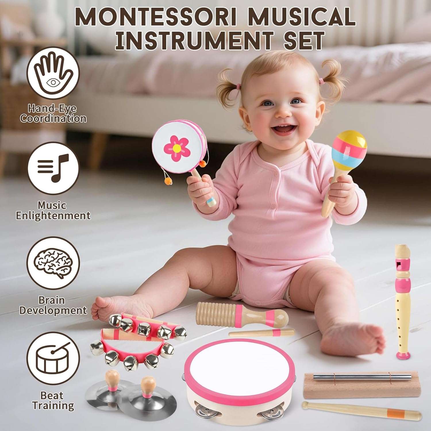 set de instrumentos musicales de madera rosa estilo Montessori para niñas y bebés