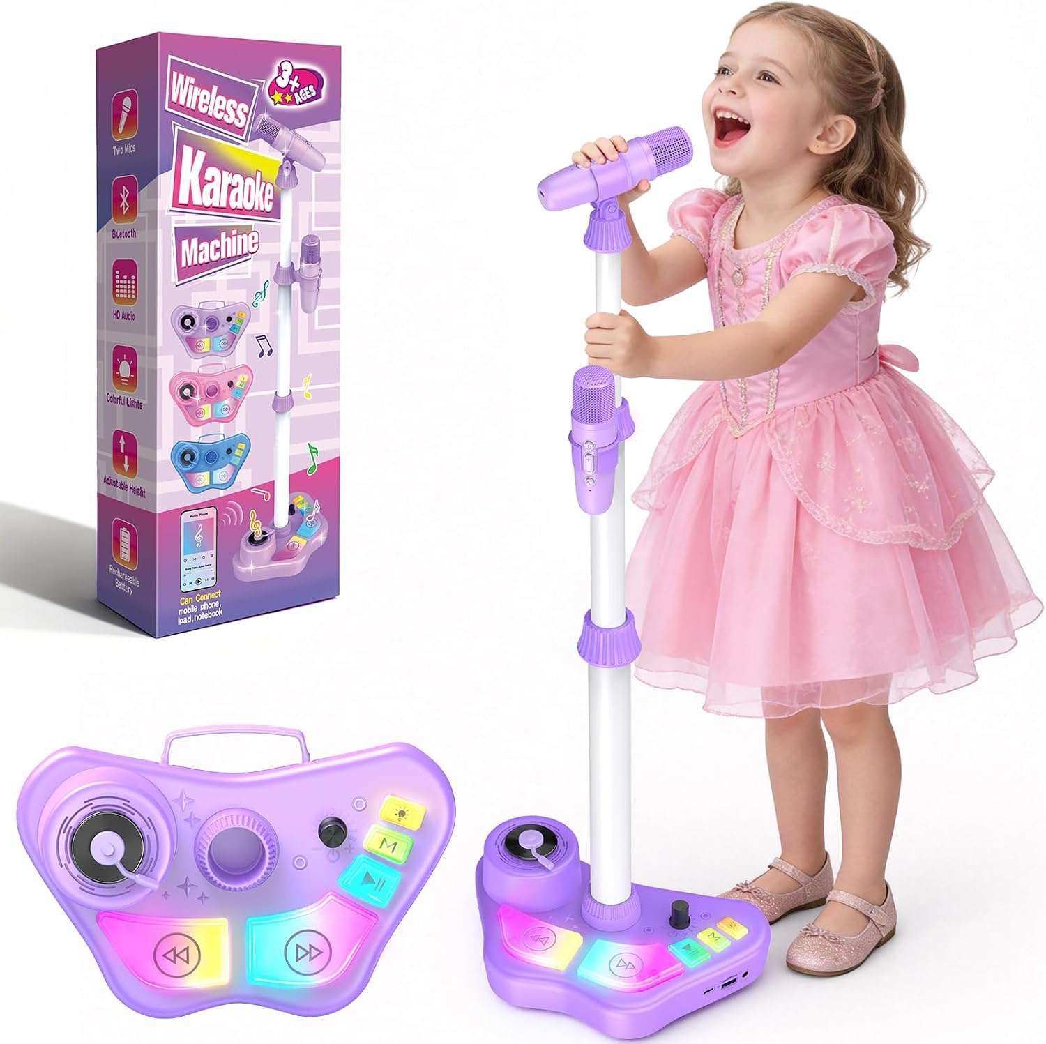 máquina de karaoke con soporte ajustable, luces led y dos micrófonos inalámbricos para niños