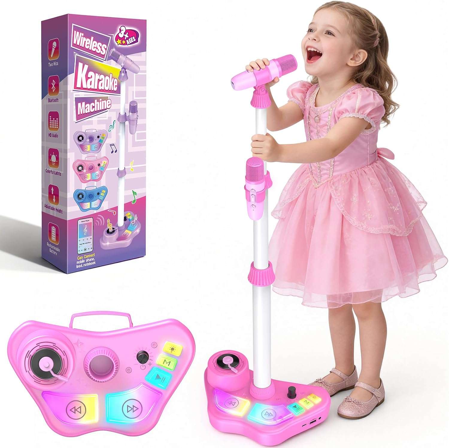 máquina de karaoke con soporte ajustable, luces led y dos micrófonos inalámbricos para niños