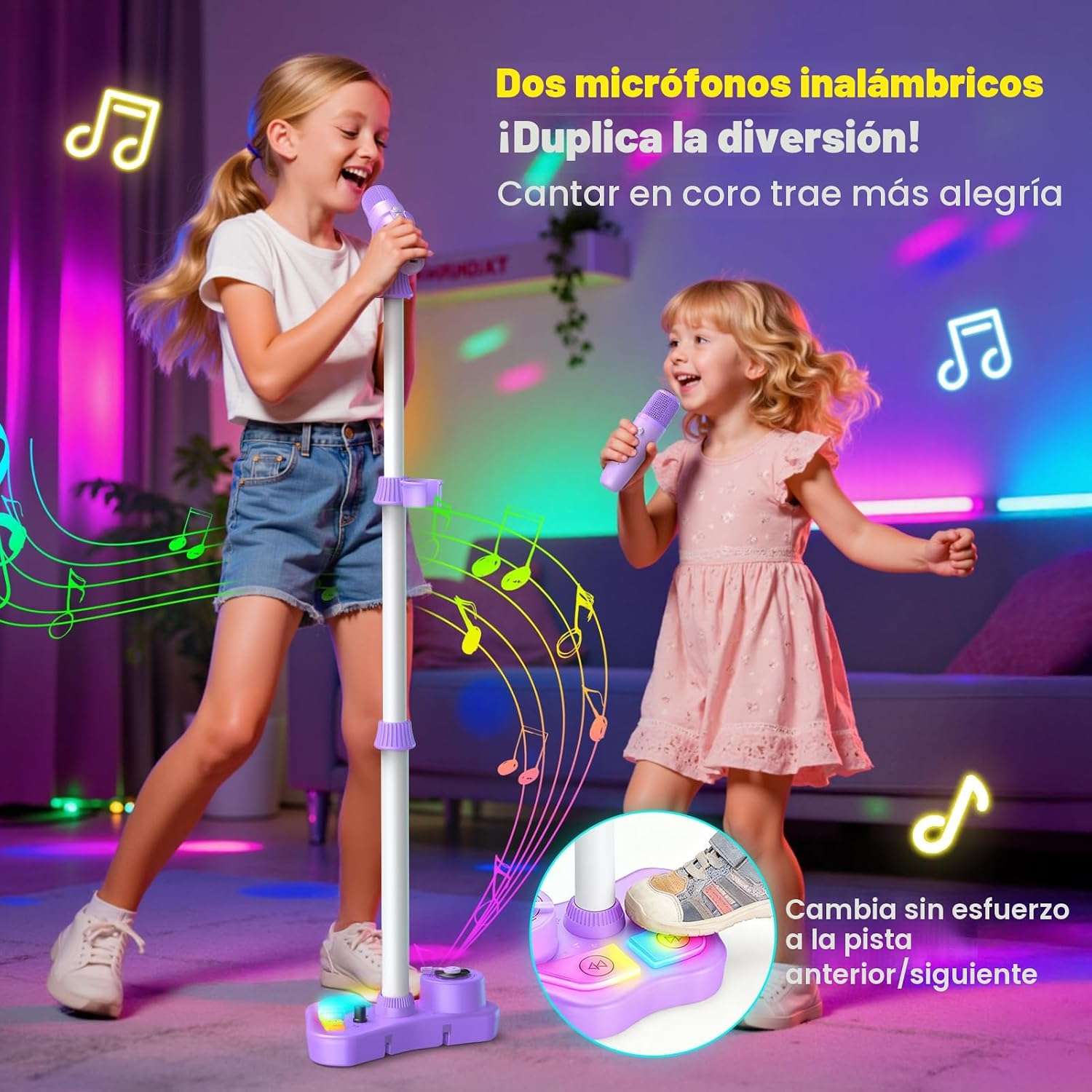 máquina de karaoke con soporte ajustable, luces led y dos micrófonos inalámbricos para niños