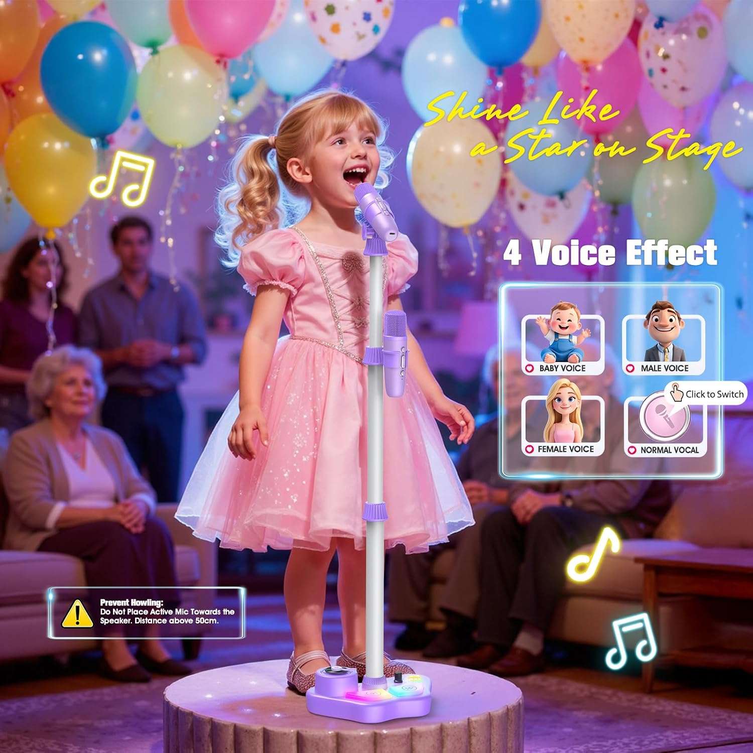máquina de karaoke con soporte ajustable, luces led y dos micrófonos inalámbricos para niños