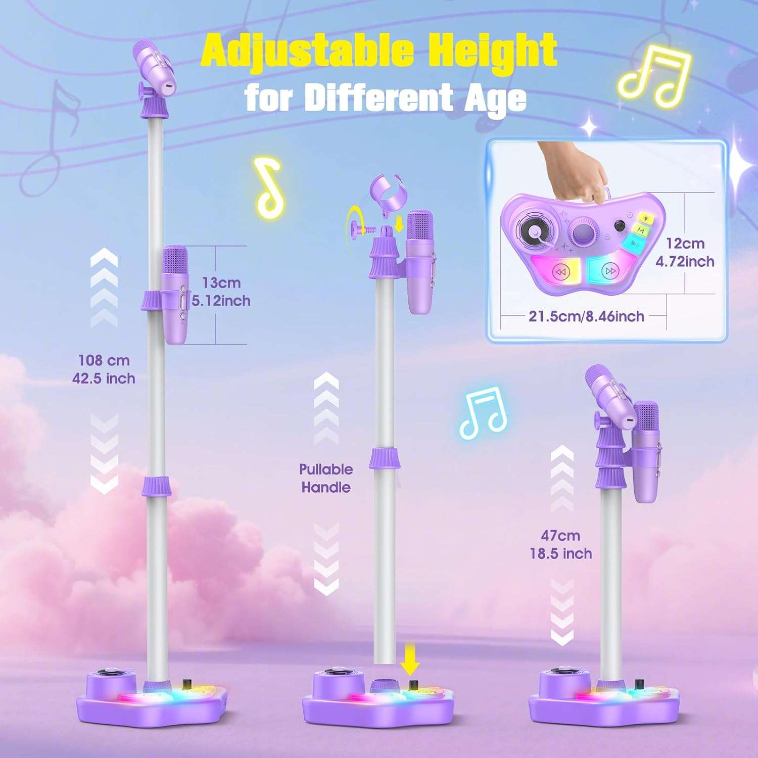máquina de karaoke con soporte ajustable, luces led y dos micrófonos inalámbricos para niños