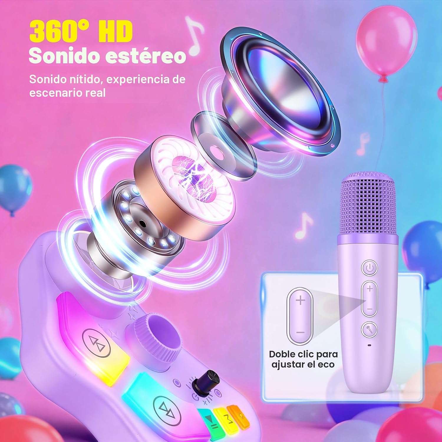 máquina de karaoke con soporte ajustable, luces led y dos micrófonos inalámbricos para niños