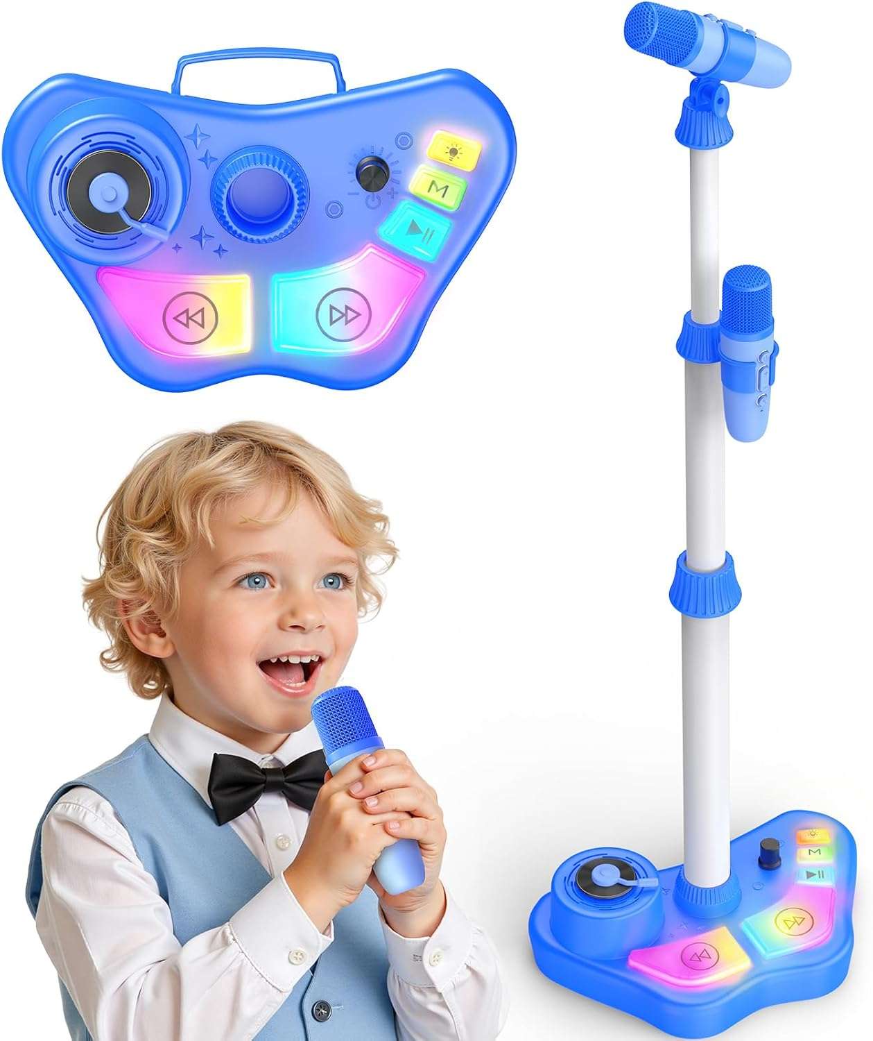 máquina de karaoke con soporte ajustable, luces led y dos micrófonos inalámbricos para niños