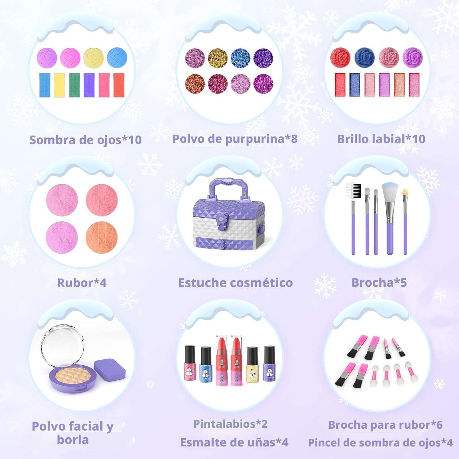 set de maquillaje infantil de frozen con 56 piezas, estuche y cosméticos lavables