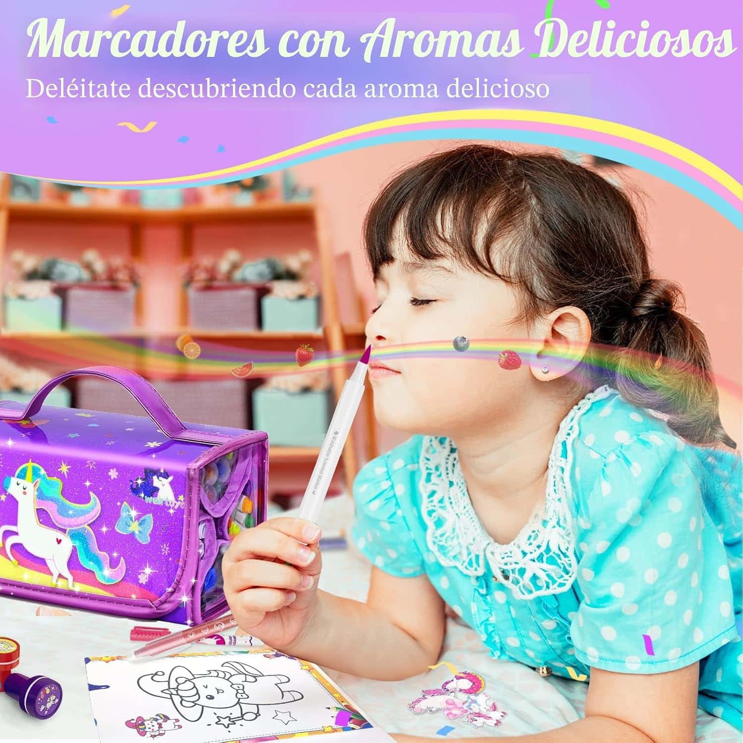 maletín de arte con marcadores lavables, perfumados y accesorios de unicornio