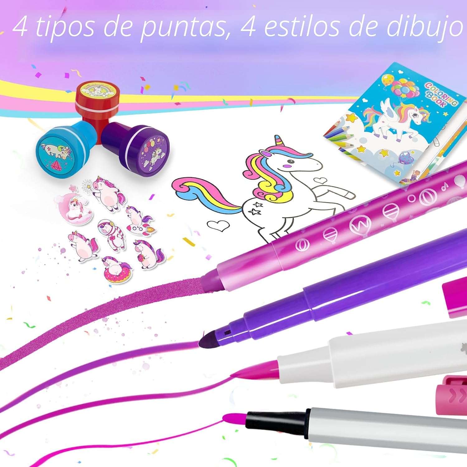 maletín de arte con marcadores lavables, perfumados y accesorios de unicornio