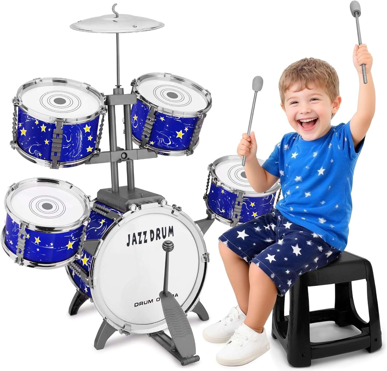 batería de plástico de jazz con pedal, taburete y diseño azul estrellado para niños