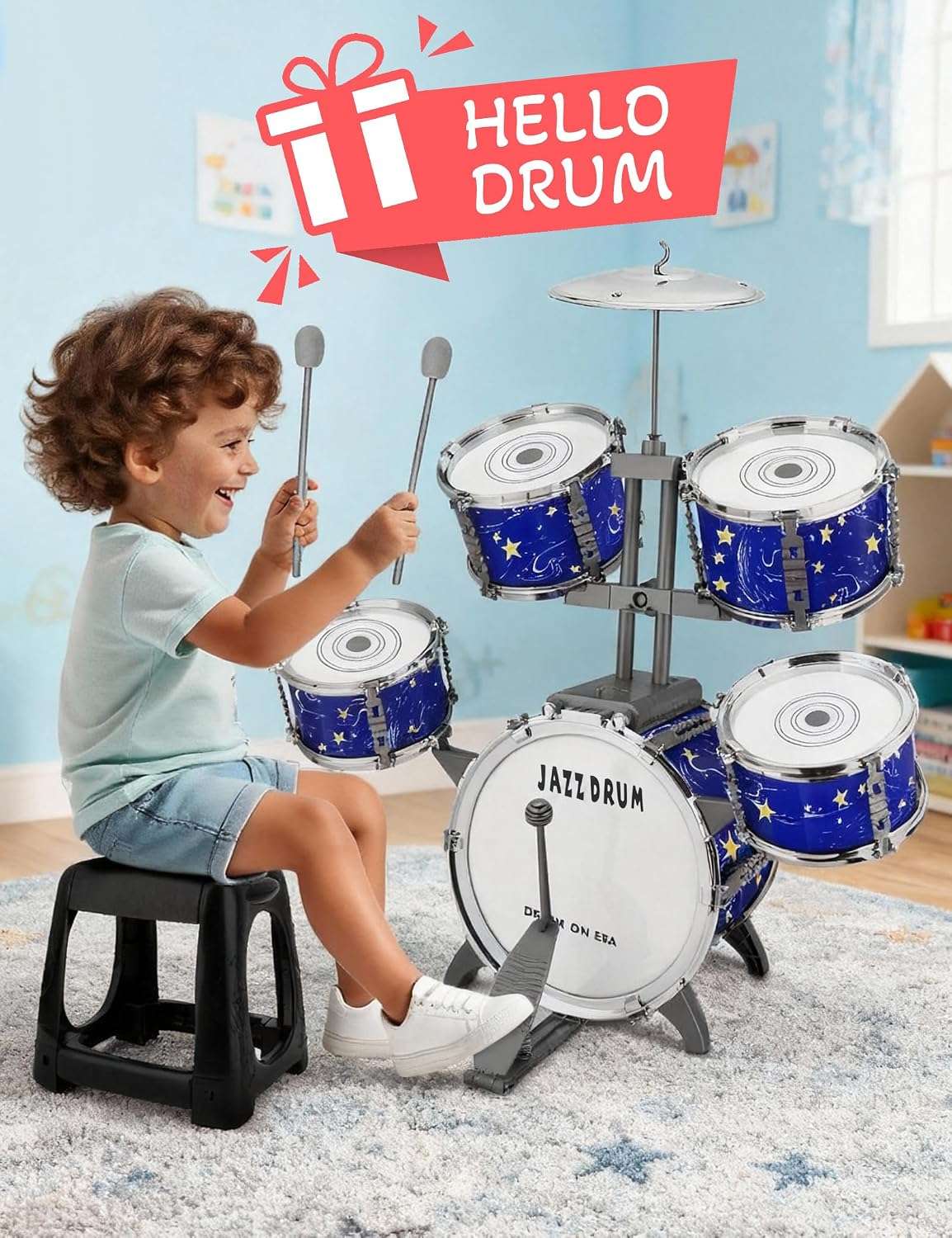 batería de plástico de jazz con pedal, taburete y diseño azul estrellado para niños