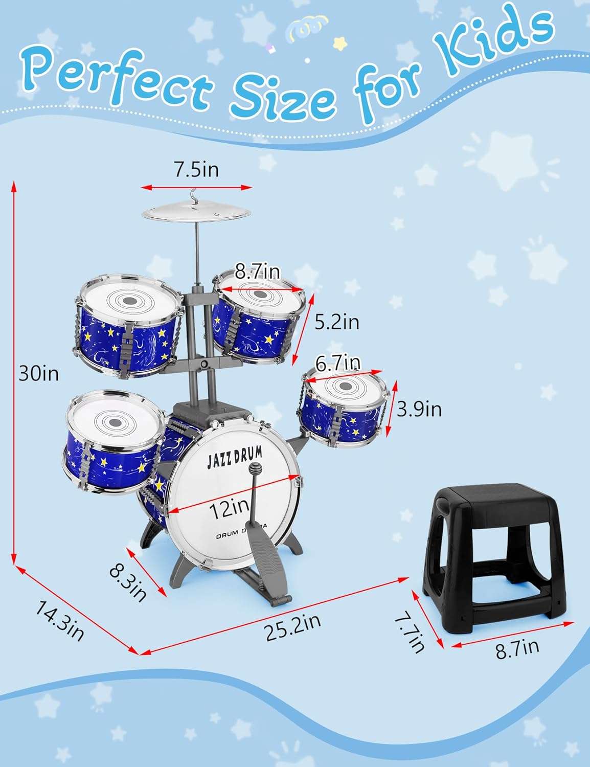 batería de plástico de jazz con pedal, taburete y diseño azul estrellado para niños