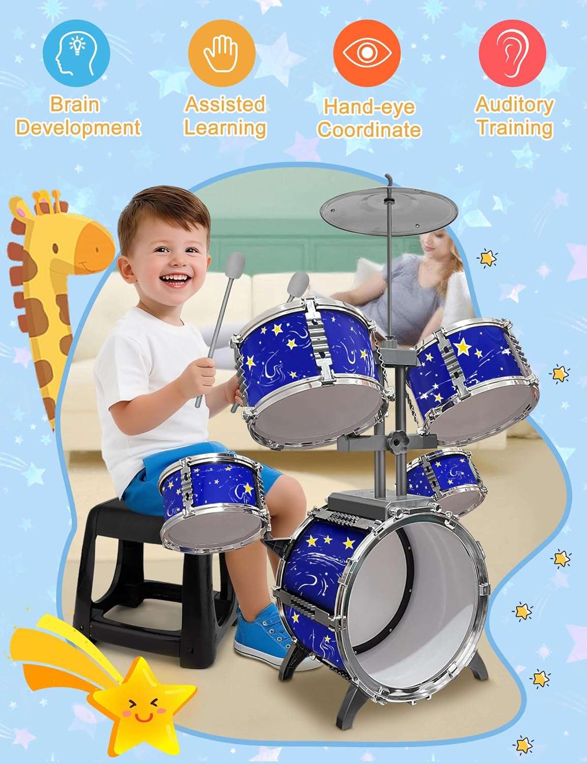 batería de plástico de jazz con pedal, taburete y diseño azul estrellado para niños