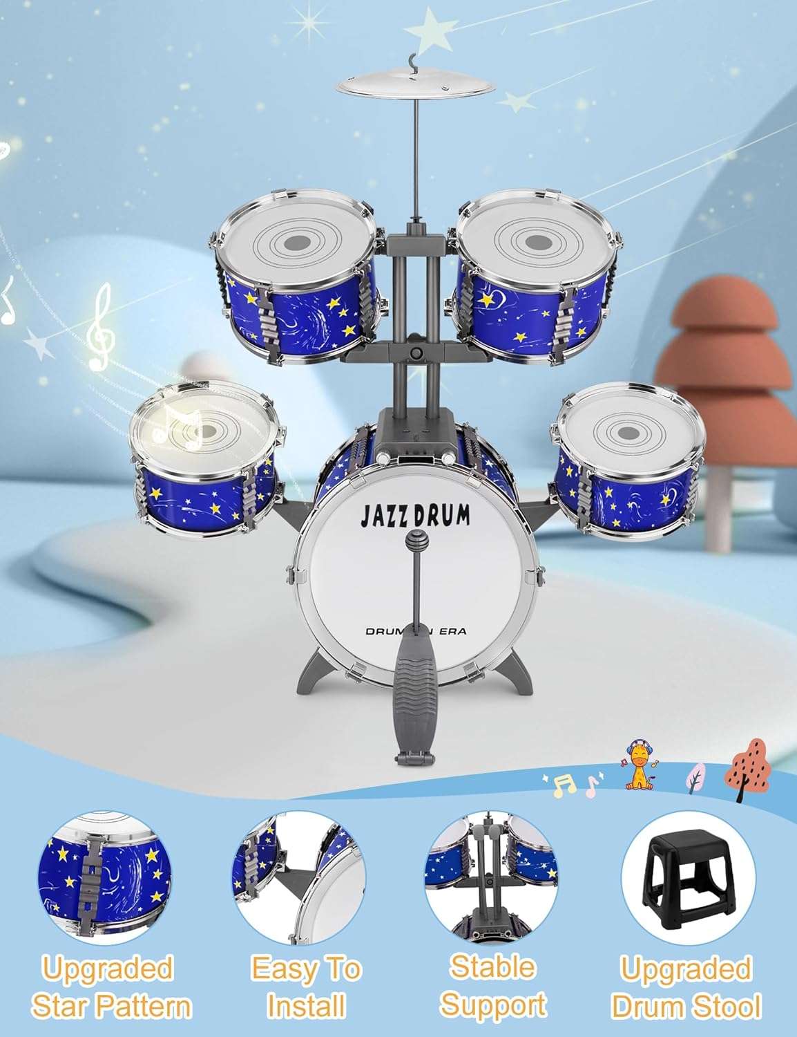 batería de plástico de jazz con pedal, taburete y diseño azul estrellado para niños