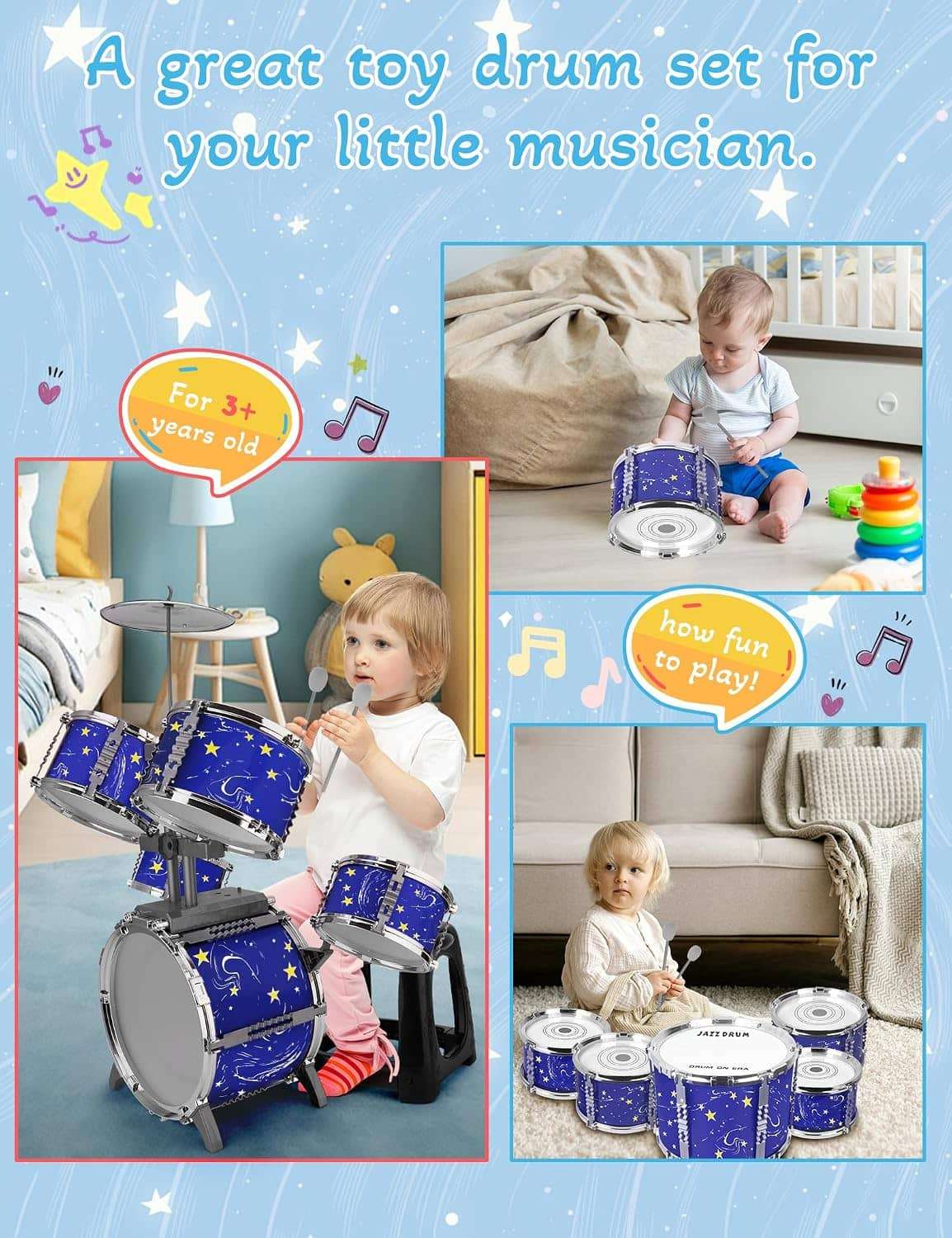 batería de plástico de jazz con pedal, taburete y diseño azul estrellado para niños