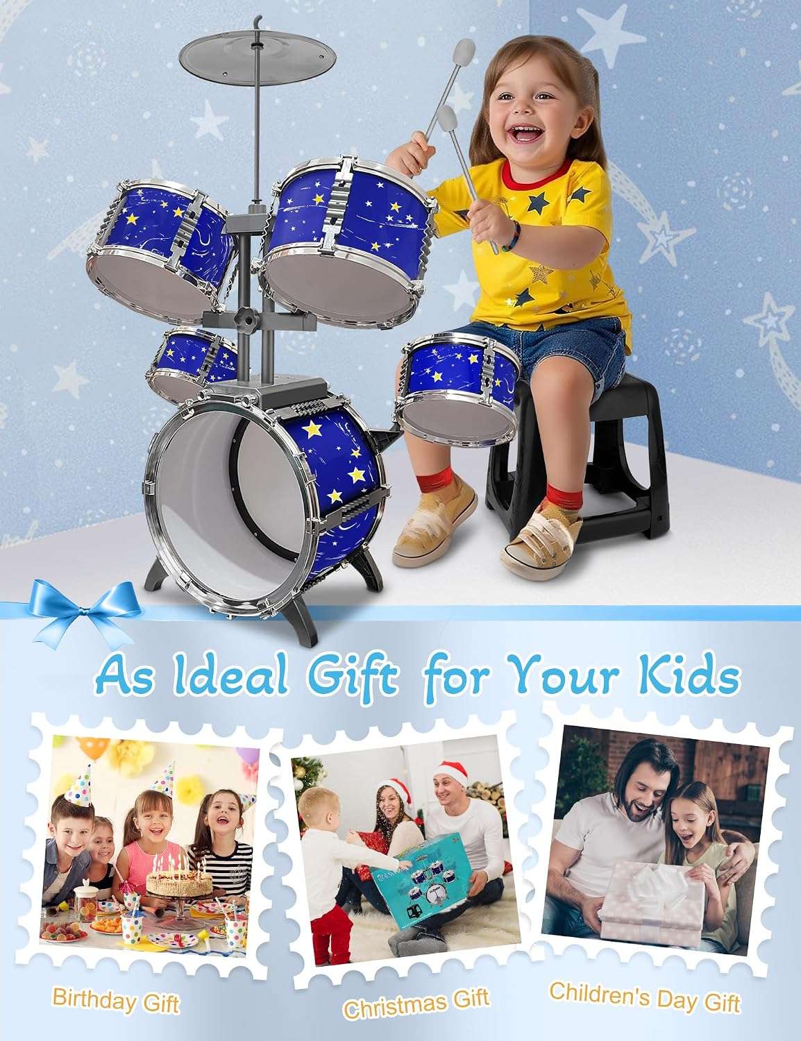 batería de plástico de jazz con pedal, taburete y diseño azul estrellado para niños