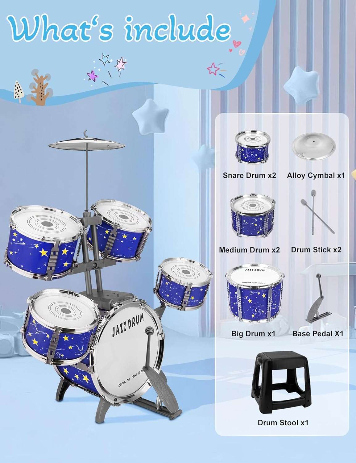batería de plástico de jazz con pedal, taburete y diseño azul estrellado para niños