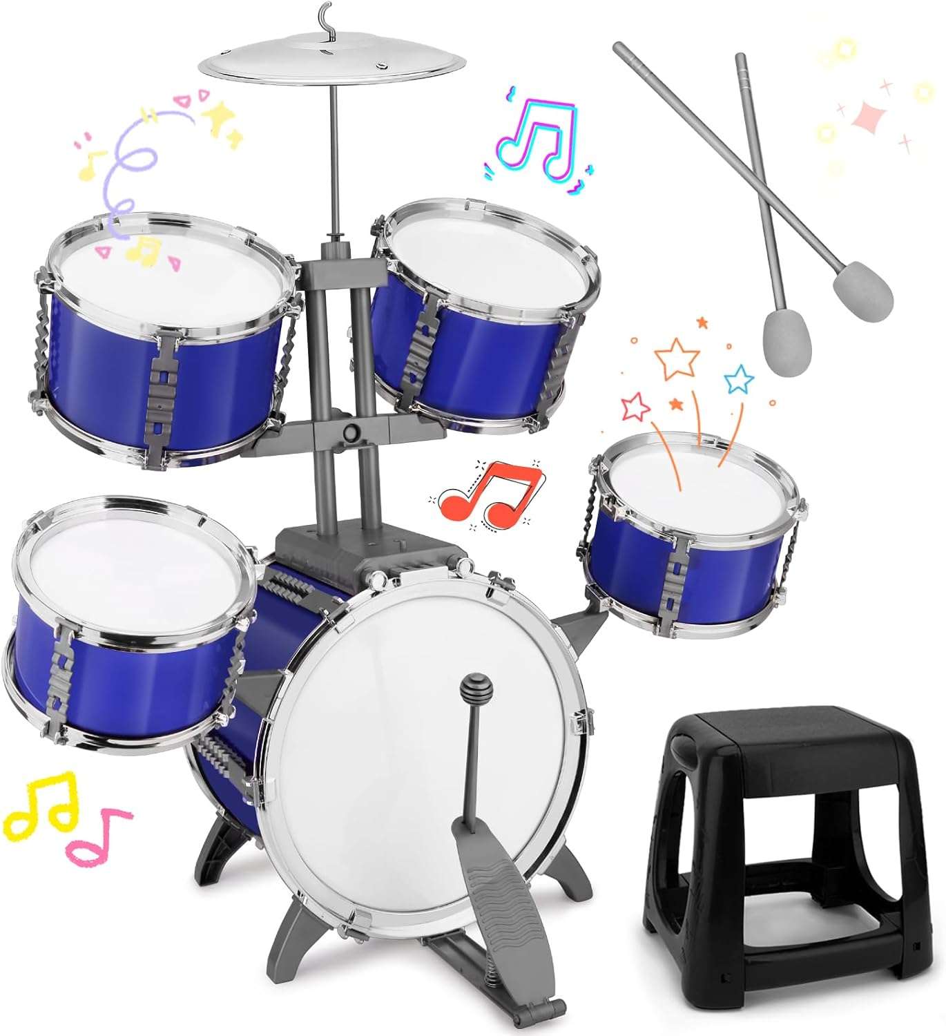 batería de plástico de jazz con pedal, taburete y diseño azul estrellado para niños