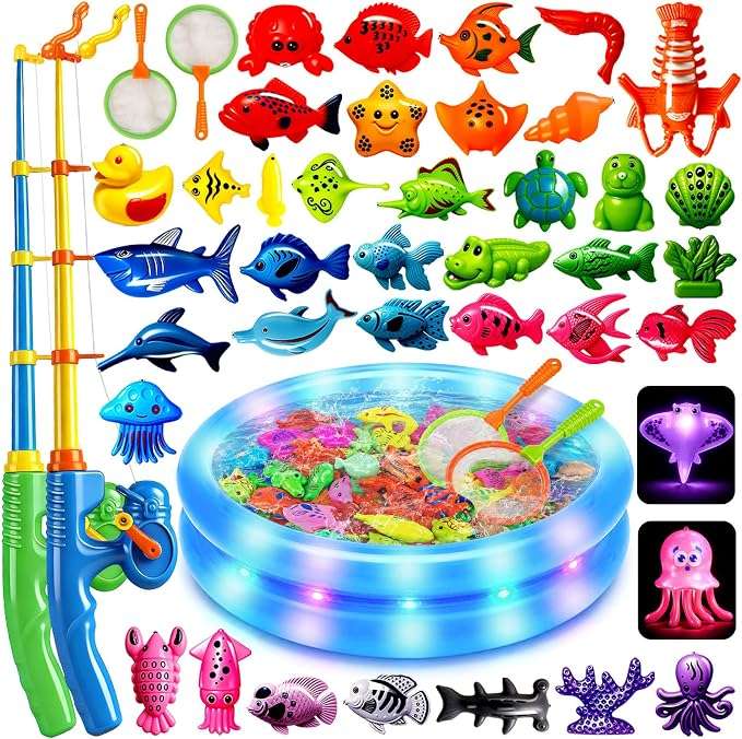 juego de pesca magnético con caña y animales marinos de juguete para niños en la bañera o piscina