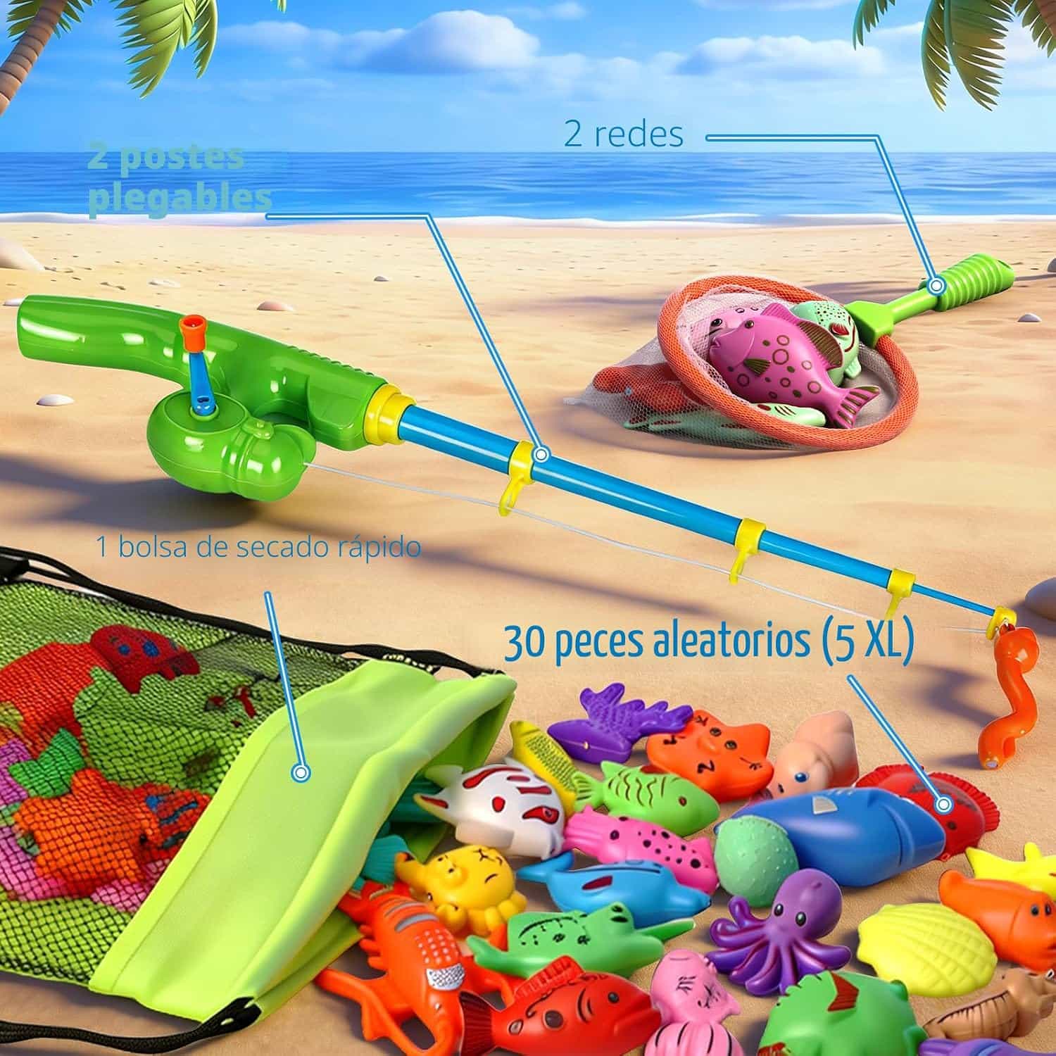 juego de pesca magnético con caña y animales marinos de juguete para niños en la bañera o piscina