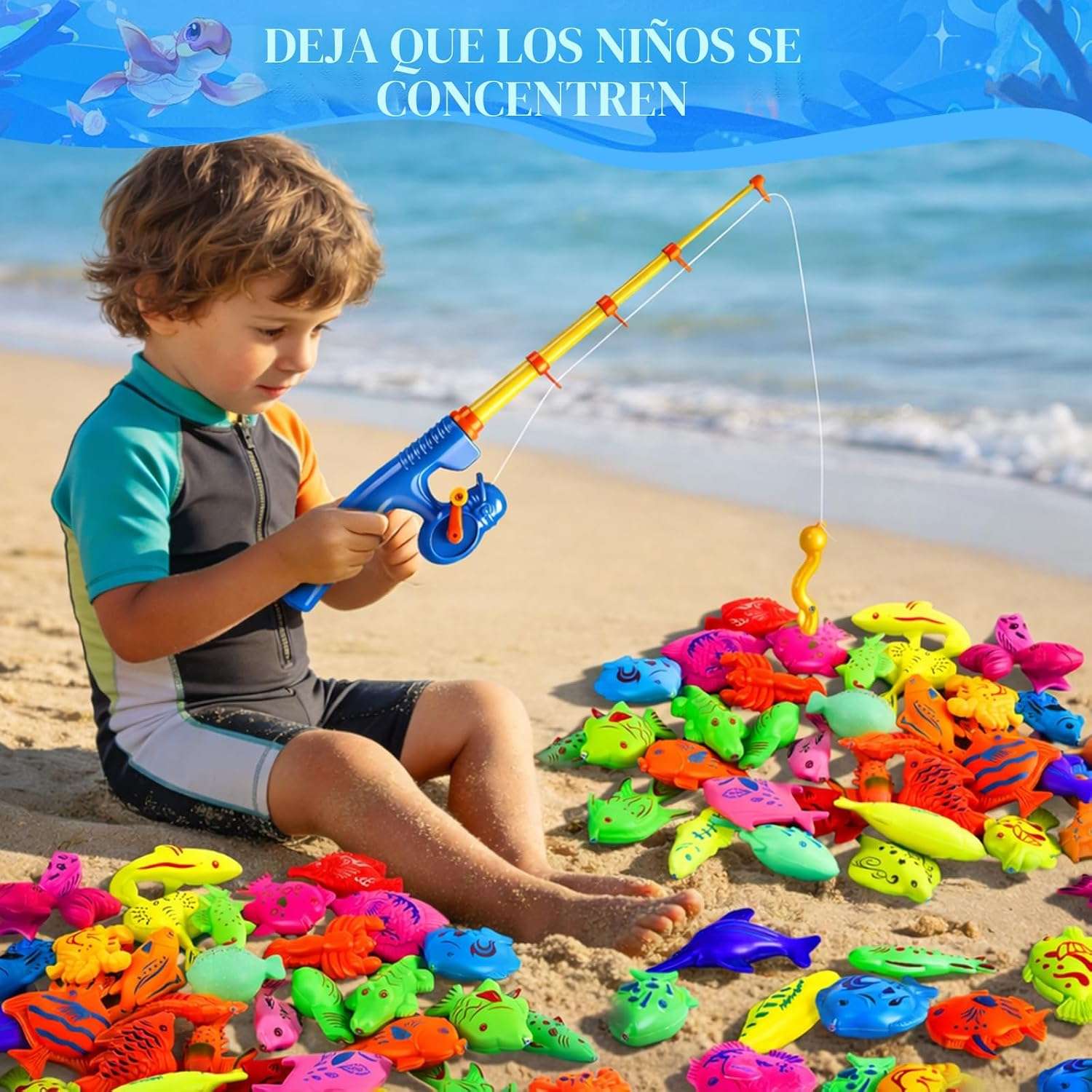juego de pesca magnético con caña y animales marinos de juguete para niños en la bañera o piscina