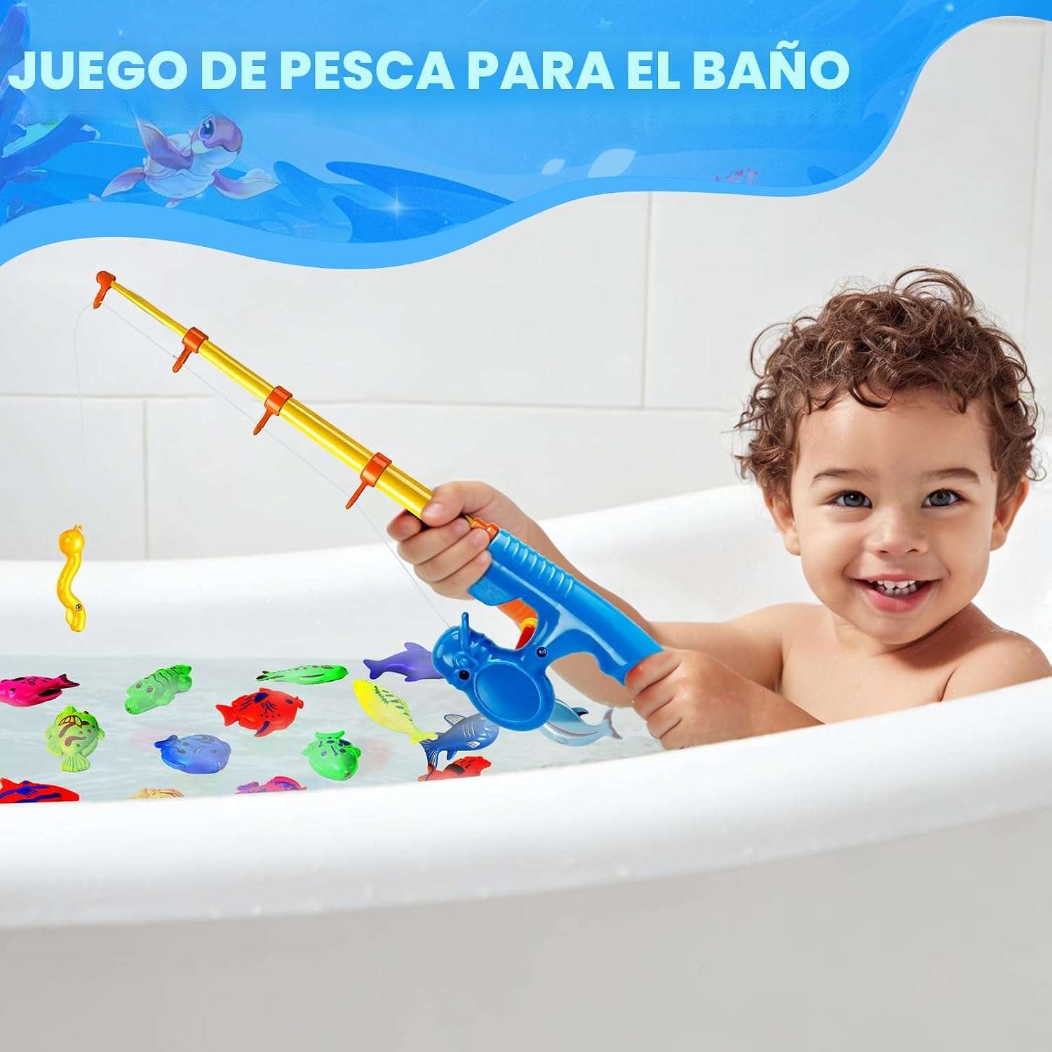 juego de pesca magnético con caña y animales marinos de juguete para niños en la bañera o piscina