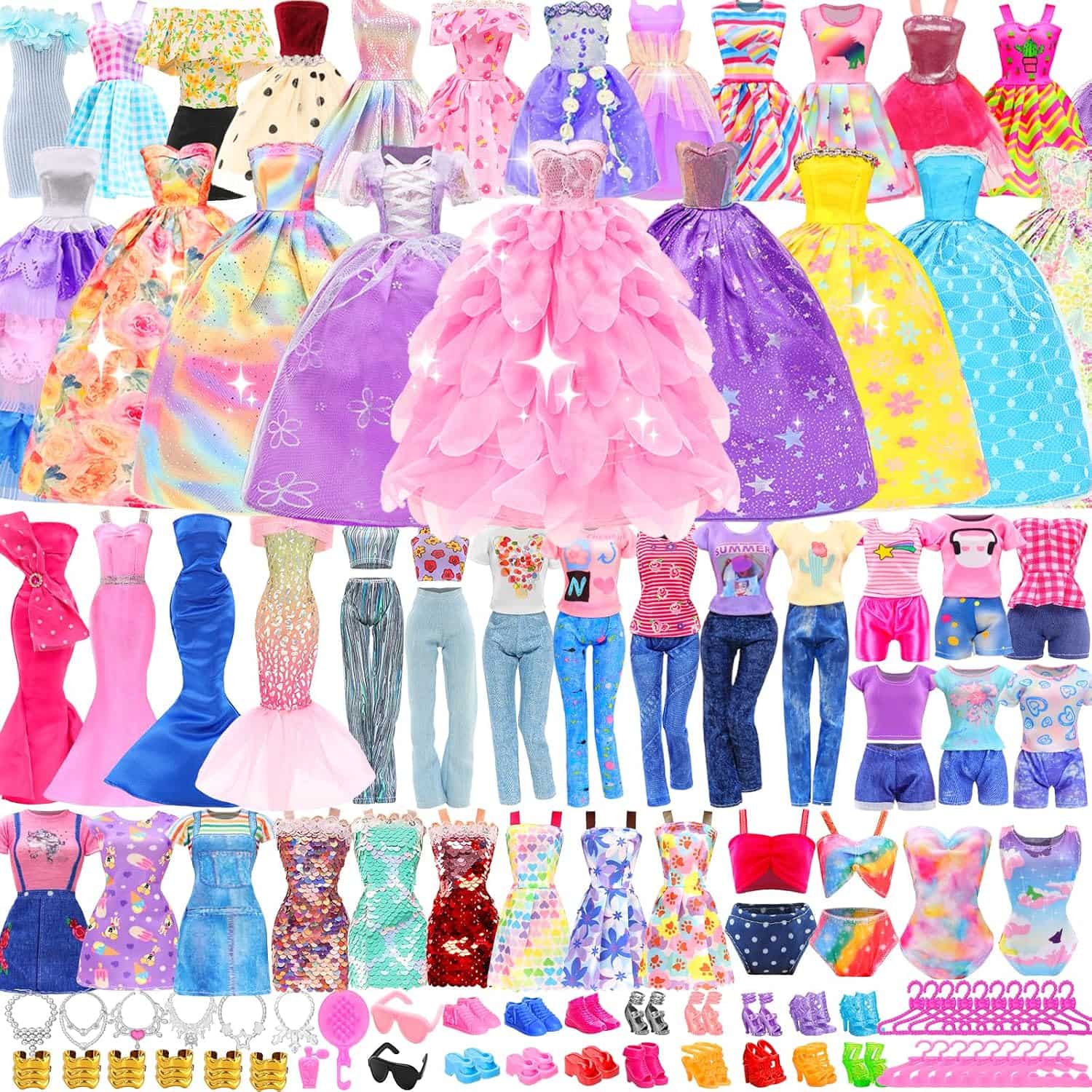 ropa y accesorios surtidos para muñecas con vestidos de novia y zapatos